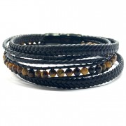Bracelet Cuir Acier Les pierres "Oeil de tigre"